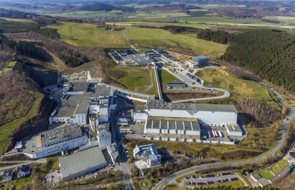 Aerial view, Brewery C.& A. VELTINS GmbH & Co. KG, new high-bay warehouse, Grevenstein, Meschede, Sauerland, North Rhine-Westphalia, Germany, An der Streue, construction work, construction site, construction crane, construction measure, construction project, construction site, brewery, DE, Europe, beverage manufacturer, hilly landscape, capacity requirement, aerial view, aerial photography, aerial photography, new building, overview, Veltins, bird's eye view, forest area, meadows and fields, bird's eye view, overview