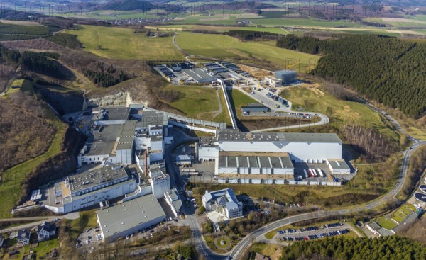 Aerial view, Brewery C.& A. VELTINS GmbH & Co. KG, new high-bay warehouse, Grevenstein, Meschede, Sauerland, North Rhine-Westphalia, Germany, An der Streue, construction work, construction site, construction crane, construction measure, construction project, construction site, brewery, DE, Europe, beverage manufacturer, hilly landscape, capacity requirement, aerial view, aerial photography, aerial photography, new building, overview, Veltins, bird's eye view, forest area, meadows and fields, bird's eye view, overview