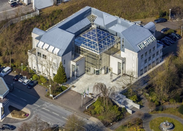 Aerial view, company building of the brewery C.& A. VELTINS GmbH & Co. KG, Grevenstein, Meschede, Sauerland, North Rhine-Westphalia, Germany, An der Streue, brewery, DE, Europe, beverage producer, aerial view, aerial photography, aerial photography, overview, Veltins, bird's eye view, birds-eyes view, overview