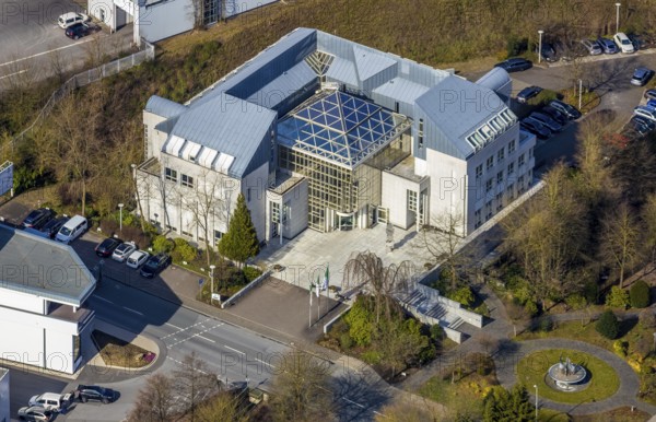 Aerial view, company building of the brewery C.& A. VELTINS GmbH & Co. KG, Grevenstein, Meschede, Sauerland, North Rhine-Westphalia, Germany, An der Streue, brewery, DE, Europe, beverage producer, aerial view, aerial photography, aerial photography, overview, Veltins, bird's eye view, birds-eyes view, overview