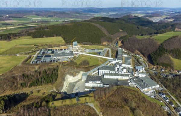 Aerial view, Brewery C.& A. VELTINS GmbH & Co. KG, new high-bay warehouse, Grevenstein, Meschede, Sauerland, North Rhine-Westphalia, Germany, An der Streue, construction work, construction site, construction crane, construction measure, construction project, construction site, brewery, DE, Europe, beverage manufacturer, hilly landscape, capacity requirement, aerial view, aerial photography, aerial photography, new building, overview, Veltins, bird's eye view, forest area, meadows and fields, bird's eye view, overview