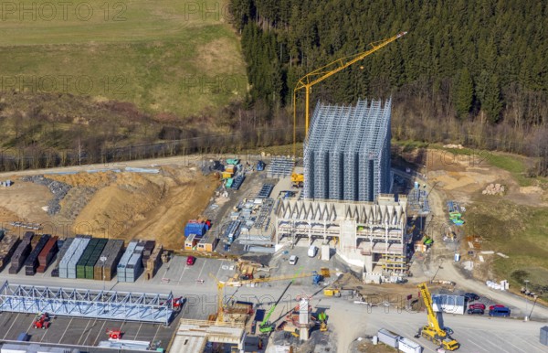 Aerial view, Brewery C.& A. VELTINS GmbH & Co. KG, new construction high-bay warehouse, Grevenstein, Meschede, Sauerland, North Rhine-Westphalia, Germany, An der Streue, construction work, construction site, construction crane, construction measure, construction project, construction site, brewery, DE, Europe, beverage manufacturer, capacity requirements, aerial view, aerial photography, aerial photography, new construction, overview, Veltins, bird's eye view, birds-eyes view, overview