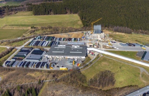 Aerial view, Brewery C.& A. VELTINS GmbH & Co. KG, new construction high-bay warehouse, Grevenstein, Meschede, Sauerland, North Rhine-Westphalia, Germany, An der Streue, construction work, construction site, construction crane, construction measure, construction project, construction site, brewery, DE, Europe, beverage manufacturer, capacity requirements, aerial view, aerial photography, aerial photography, new construction, overview, Veltins, bird's eye view, birds-eyes view, overview
