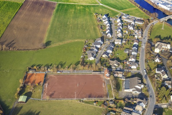 Aerial view, sports field Olpe, local view Olpe, Olpe, Meschede, Sauerland, North Rhine-Westphalia, Germany, DE, single-family houses, Europe, football pitch, football stadium, property tax, real estate, aerial view, aerial photography, aerial photography, district Olpe, sports, sports facilities, sports field, sports facility, tennis, tennis facility, tennis courts, overview, bird's-eye view, meadows and fields, living and life, residential buildings, quality of life, housing estate, birds-eyes view, overview