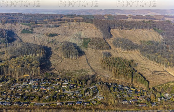 Aerial view, forest damage, deforestation, holiday settlement, holiday homes, view of Frenkhausen, Meschede, Sauerland, North Rhine-Westphalia, Germany, DE, Europe, aerial view, aerial photography, aerial photography, overview, bird's eye view, forest, forest area, forest dieback, birds-eyes view, overview
