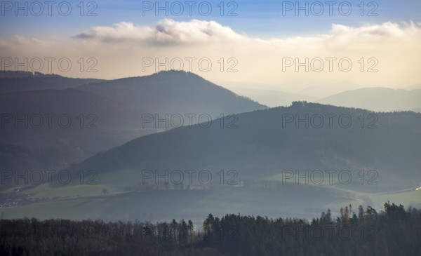 Aerial view, mountains and valleys, forest in fog, Sauerland heights, hilly landscape, Visbeck, Meschede, Sauerland, North Rhine-Westphalia, Germany, DE, Europe, backlight, aerial view, aerial photography, aerial photography, overview, bird's-eye view, forest, forest area, clouds, birds-eyes view, overview