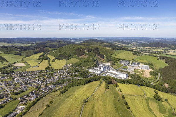 Aerial view, Brewery C.& A. VELTINS GmbH & Co. KG, new construction high-bay warehouse, Grevenstein, Meschede, Sauerland, North Rhine-Westphalia, Germany, An der Streue, construction work, construction site, construction crane, construction measure, construction project, construction site, brewery, DE, Europe, beverage manufacturer, Hochsauerlandkreis, hilly landscape, capacity requirement, aerial view, aerial photography, aerial photography, new construction, overview, Veltins, bird's-eye view, forest area, meadows and fields, birds-eyes view, overview