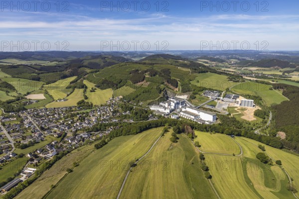Aerial view, Brewery C.& A. VELTINS GmbH & Co. KG, new construction high-bay warehouse, Grevenstein, Meschede, Sauerland, North Rhine-Westphalia, Germany, An der Streue, construction work, construction site, construction crane, construction measure, construction project, construction site, brewery, DE, Europe, beverage manufacturer, Hochsauerlandkreis, hilly landscape, capacity requirement, aerial view, aerial photography, aerial photography, new construction, overview, Veltins, bird's-eye view, forest area, meadows and fields, birds-eyes view, overview