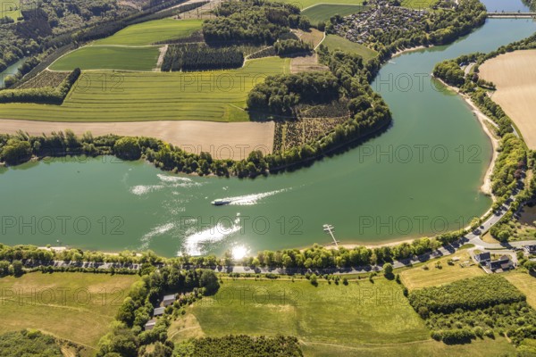 Aerial view, Hennetalsperre, Hennesee, excursion boat, Meschede, Sauerland, North Rhine-Westphalia, Germany, DE, Europe, shapes and colours, Hochsauerlandkreis, landscape panorama, aerial view, aerial photography, aerial photography, mixed forest, coniferous forest, passenger boat Hennesee, dam wall, reservoir, dam, overview, bird's-eye view, forest, forest area, birds-eyes view, overview