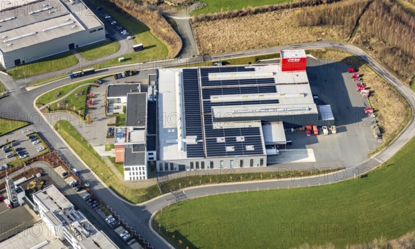 Aerial view, industrial estate Enste-Nord, Maschinenbau SH Anbaugeräte GmbH, Enste, Meschede, Sauerland, North Rhine-Westphalia, Germany, motorway A46, motorway junction Enste, DE, Europe, commercial enterprises, commercial area, commercial park, commercial location, commercial use, industrial area, industrial location, aerial view, aerial photography, aerial photography, photovoltaics, photovoltaic plant, solar, solar plant, solar energy, solar park Enste, solar energy, overview, bird's-eye view, bird's-eye view, overview