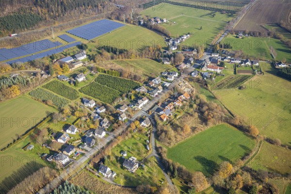 Aerial view, local view Stockhausen, Stockhauser Straße, solar plant, Wennemen, Meschede, Sauerland, North Rhine-Westphalia, Germany, DE, Europe, property tax, real estate, aerial view, aerial photography, aerial photography, photovoltaic, photovoltaic plant, solar, solar energy, solar energy, overview, bird's eye view, residential area, living and living, residential area, residential buildings, quality of life, residential neighbourhood, housing estate, birds-eyes view, overview