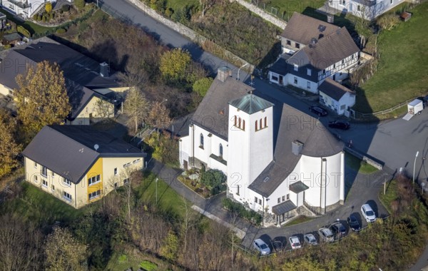 Aerial view, Catholic Church of St. Nicholas Wennemen, Wennemen, Meschede, Sauerland, North Rhine-Westphalia, Germany, place of worship, DE, Europe, religious community, place of worship, sacred site, church, parish, church street, denomination, aerial view, aerial photography, aerial photography, religion, religious site, overview, bird's eye view, birds-eyes view, overview