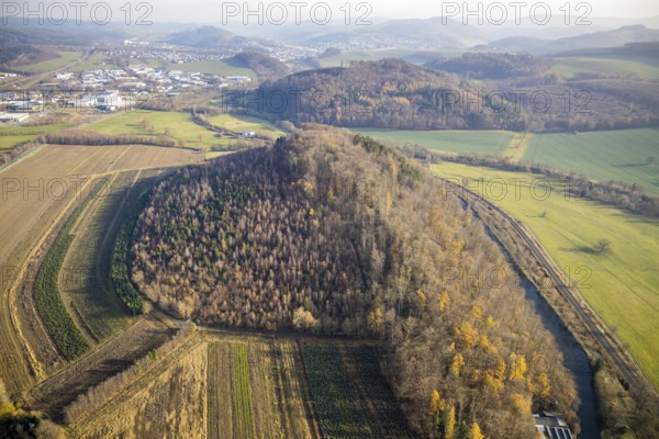 Aerial view, nature reserve Schneisenberg, Wennemen, Meschede, Sauerland, North Rhine-Westphalia, Germany, railway tracks, DE, Europe, distant view, hilly landscape, aerial view, aerial photography, aerial photography, mixed forest, nature reserve, upper ditch, overview, bird's-eye view, forest, forest area, meadows and fields, birds-eyes view, overview