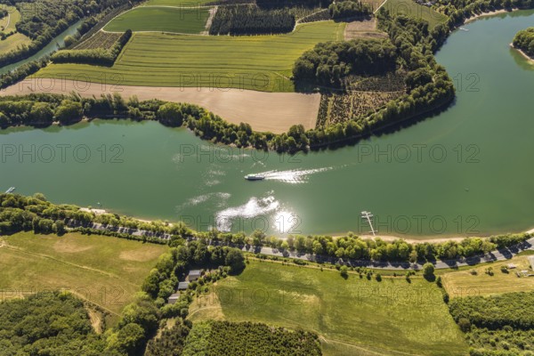 Aerial view, Hennetalsperre, Hennesee, excursion boat, Meschede, Sauerland, North Rhine-Westphalia, Germany, DE, Europe, shapes and colours, Hochsauerlandkreis, landscape panorama, aerial view, aerial photography, aerial photography, mixed forest, coniferous forest, passenger boat Hennesee, dam wall, reservoir, dam, overview, bird's-eye view, forest, forest area, birds-eyes view, overview