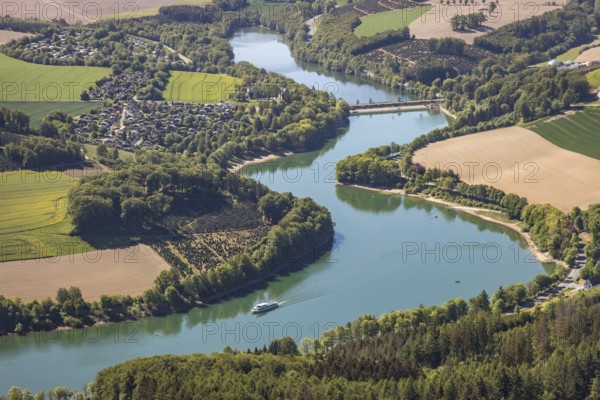 Aerial view, Hennetalsperre, Hennesee, excursion boat, holiday home complex Hennestrand, Meschede, Sauerland, North Rhine-Westphalia, Germany, DE, Europe, shapes and colours, Hochsauerlandkreis, landscape panorama, aerial view, aerial photography, aerial photography, mixed forest, coniferous forest, passenger boat Hennesee, dam wall, reservoir, dam, overview, bird's-eye view, forest, forest area, birds-eyes view, overview