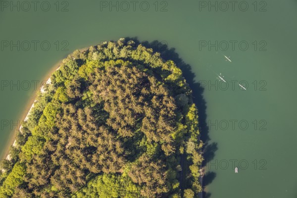 Aerial view, Hennetalsperre, Hennesee, Meschede, Sauerland, North Rhine-Westphalia, Germany, DE, Europe, shapes and colours, Hochsauerlandkreis, landscape panorama, headland, aerial view, aerial photography, aerial photography, mixed forest, coniferous forest, dam wall, reservoir, dam, overview, bird's-eye view, forest, forest area, birds-eyes view, overview