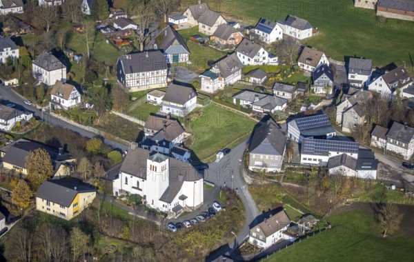 Aerial view, Catholic Church of St. Nicholas Wennemen, Wennemen, Meschede, Sauerland, North Rhine-Westphalia, Germany, place of worship, DE, Europe, religious community, place of worship, sacred site, church, parish, church street, denomination, aerial view, aerial photography, aerial photography, religion, religious site, overview, bird's eye view, birds-eyes view, overview