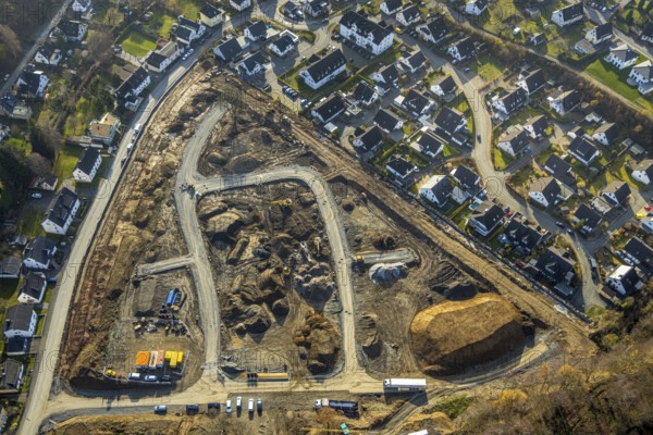 Aerial view, construction area residential development Waldstraße, former concrete plant Waldstraße, Meschede town, Meschede, Sauerland, North Rhine-Westphalia, Germany, construction work, construction vehicles, construction area, construction site, building plots, construction project, construction project, construction site, DE, development, Europe, property tax, real estate, capacity requirements, aerial view, aerial photography, aerial photography, overview, bird's-eye view, housing estate, housing and living, residential area, residential buildings, residential quality, residential neighbourhood, housing estate, birds-eyes view, overview