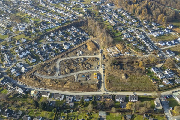 Aerial view, construction area residential development Waldstraße, former concrete plant Waldstraße, Meschede town, Meschede, Sauerland, North Rhine-Westphalia, Germany, construction work, construction vehicles, construction area, construction site, building plots, construction project, construction project, construction site, DE, development, Europe, property tax, real estate, capacity requirements, aerial view, aerial photography, aerial photography, overview, bird's-eye view, housing estate, housing and living, residential area, residential buildings, residential quality, residential neighbourhood, housing estate, birds-eyes view, overview