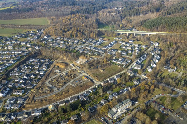 Aerial view, construction area residential development Waldstraße, former concrete plant Waldstraße, Meschede town, Meschede, Sauerland, North Rhine-Westphalia, Germany, construction work, construction vehicles, construction area, construction site, building plots, construction project, construction project, construction site, DE, development, Europe, property tax, real estate, capacity requirements, aerial view, aerial photography, aerial photography, overview, bird's-eye view, housing estate, housing and living, residential area, residential buildings, residential quality, residential neighbourhood, housing estate, birds-eyes view, overview