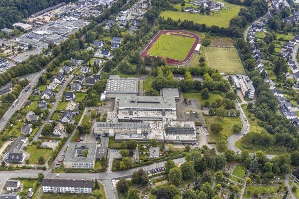 Aerial photo, Berufskolleg Meschede, Dünnefeld Stadion, Meschede, Sauerland, Hochsauerlandkreis, North Rhine-Westphalia, Germany, vocational school, education, educational institution, DE, Europe, football pitch, football stadium, college school, teaching institute, aerial photo, aerial photography, aerial photography, school, sports, sports facilities, sports field, sports facility, stadium, overview, bird's-eye view, bird's-eye view, overview