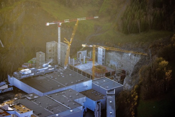 Aerial view, Brewery C.& A. VELTINS GmbH & Co. KG, construction site, Grevenstein, Meschede, Sauerland, North Rhine-Westphalia, Germany, An der Streue, construction work, construction site, construction crane, construction measure, construction project, brewery, DE, Europe, beverage manufacturer, autumn colours, Hochsauerlandkreis, hilly landscape, capacity requirement, aerial photograph, aerial photography, aerial photography, new building, overview, Veltins brewery, bird's eye view, forest area, meadows and fields, bird's eye view, overview