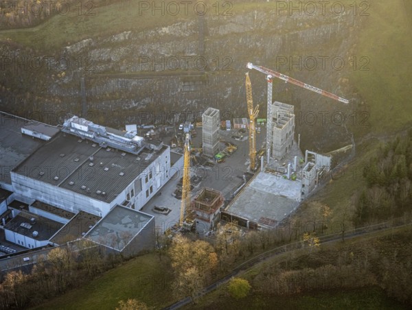 Aerial view, Brewery C.& A. VELTINS GmbH & Co. KG, construction site, Grevenstein, Meschede, Sauerland, North Rhine-Westphalia, Germany, An der Streue, construction work, construction site, construction crane, construction measure, construction project, brewery, DE, Europe, beverage manufacturer, autumn colours, Hochsauerlandkreis, hilly landscape, capacity requirement, aerial photograph, aerial photography, aerial photography, new building, overview, Veltins brewery, bird's eye view, forest area, meadows and fields, bird's eye view, overview