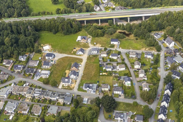 Aerial view, construction site new development area SchuÌˆtzenhaus-Nord, Liegnitzer Straße, Görlitzer Straße, Meschede, Sauerland, North Rhine-Westphalia, Germany, motorway A46, construction work, construction area, building site, building plots, construction project, construction site, DE, development, Europe, property tax, Hochsauerlandkreis, real estate, capacity requirement, aerial view, aerial photography, aerial photography, new building, overview, bird's-eye view, housing estate, housing and living, residential area, residential buildings, housing quality, residential neighbourhood, housing estate, birds-eyes view, overview