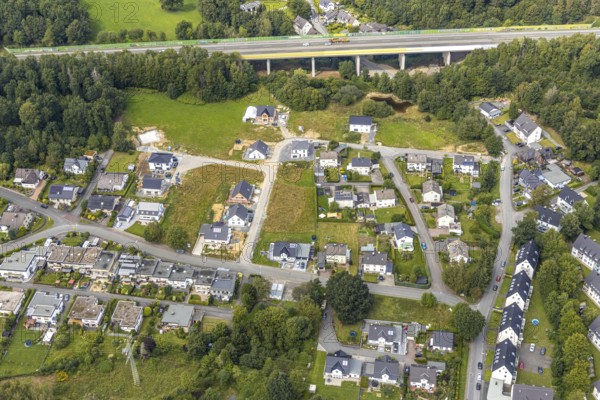 Aerial view, construction site new development area Schützenhaus-Nord, Liegnitzer Straße, Görlitzer Straße, Meschede, Sauerland, North Rhine-Westphalia, Germany, motorway A46, construction work, construction area, building site, building plots, construction project, construction site, DE, development, Europe, property tax, Hochsauerlandkreis, real estate, capacity requirement, aerial view, aerial photography, aerial photography, new building, overview, bird's-eye view, housing estate, housing and living, residential area, residential buildings, housing quality, residential neighbourhood, housing estate, birds-eyes view, overview