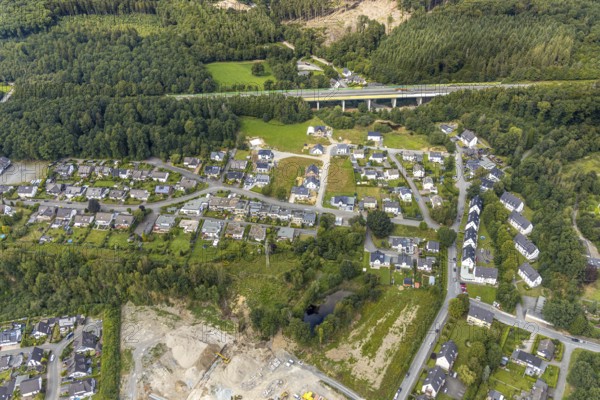 Aerial view, construction site new development area SchuÌˆtzenhaus-Nord, Liegnitzer Straße, Görlitzer Straße, Meschede, Sauerland, North Rhine-Westphalia, Germany, motorway A46, construction work, construction area, building site, building plots, construction project, construction site, DE, development, Europe, property tax, Hochsauerlandkreis, real estate, capacity requirement, aerial view, aerial photography, aerial photography, new building, overview, bird's-eye view, housing estate, housing and living, residential area, residential buildings, housing quality, residential neighbourhood, housing estate, birds-eyes view, overview