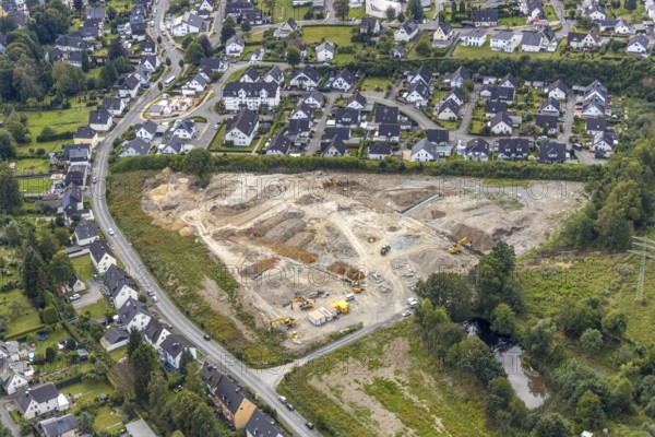 Aerial view, construction site construction area residential development Waldstraße, former concrete plant Alte Ziegelei II, Waldstraße, Meschede, Sauerland, North Rhine-Westphalia, Germany, construction work, construction vehicles, construction area, construction site, building plots, construction project, construction site, DE, development, Europe, property tax, Hochsauerlandkreis, real estate, capacity requirement, aerial view, aerial photography, aerial photography, overview, bird's-eye view, housing estate, living and living, residential area, residential buildings, residential quality, residential neighbourhood, housing estate, birds-eyes view, overview
