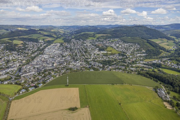 Aerial view, possible building area, town view, Meschede, planned building area near Langelohweg, Sauerland, Hochsauerlandkreis, North Rhine-Westphalia, Germany, building area, mountains and valleys, city, DE, Europe, radio tower, property tax, hilly landscape, real estate, aerial view, aerial photography, aerial photography, Schröershof holiday home rental, townscape, city area, overview, bird's-eye view, forest area, meadows and fields, residential area, living and living, residential area, quality of life, birds-eyes view, overview