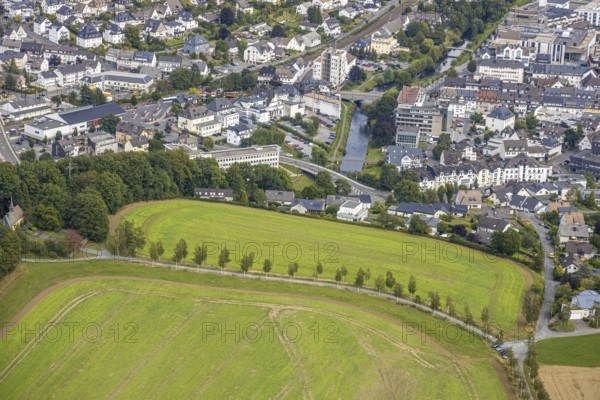 Aerial view, possible building area, meadows and fields, Berghauser Weg, Ritter-Freseken-Straße, Meschede employment agency, Lindenhof retirement centre, Ruhr river, Meschede, Sauerland, Hochsauerlandkreis, North Rhine-Westphalia, Germany, row of trees, DE, Europe, Klausenkapelle, aerial view, aerial photography, aerial photography, overview, bird's-eye view, bird's-eye view, overview
