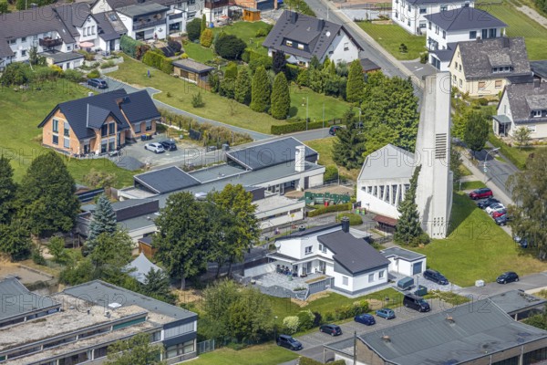 Aerial view, former JohannesKirche becomes holiday flat, Evang. Johannes-Kindergarten, Meschede, Sauerland, Hochsauerlandkreis, North Rhine-Westphalia, Germany, place of worship, DE, Europe, place of worship, property tax, real estate, church, aerial view, aerial photography, aerial photography, overview, bird's-eye view, Von-Westphalen-Straße, residential complex, living and life, residential neighbourhood, birds-eyes view, overview