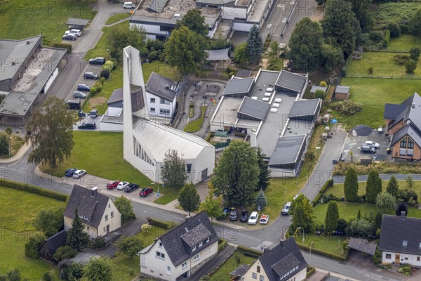 Aerial view, former JohannesKirche becomes holiday flat, Evang. Johannes-Kindergarten, Meschede, Sauerland, Hochsauerlandkreis, North Rhine-Westphalia, Germany, place of worship, DE, Europe, place of worship, property tax, real estate, church, aerial view, aerial photography, aerial photography, overview, bird's-eye view, Von-Westphalen-Straße, residential complex, living and life, residential neighbourhood, birds-eyes view, overview