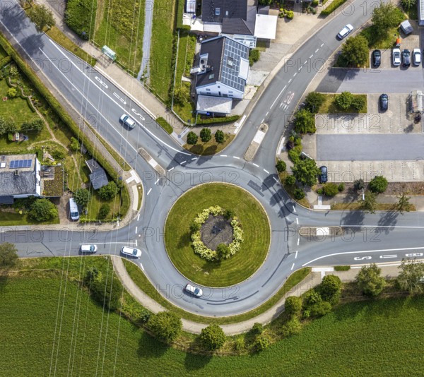 Aerial view, roundabout, Im Schlahbruch, Meschede, Sauerland, Hochsauerlandkreis, North Rhine-Westphalia, Germany, Breslauer Straße, DE, Europe, shapes and colours, Galilee Way, Hückeler Höhe, aerial view, aerial photography, aerial photography, car, road traffic, overview, traffic volume, bird's-eye view, overview