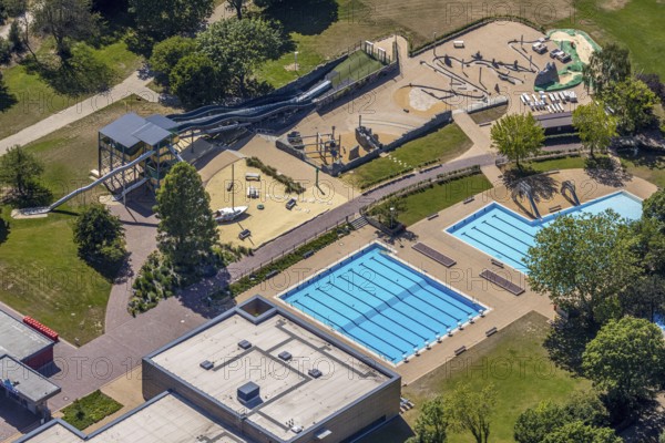 Aerial photo, ENNI Solimare swimming pool, Vinn, Mörs, Ruhr area, North Rhine-Westphalia, Germany, DE, Europe, birds-eyes, view, aerial photography, aerial photography, overview, overview, bird's eye view, leisure, swimming, sports, fitness, water, swimming pool, bathing, recreation