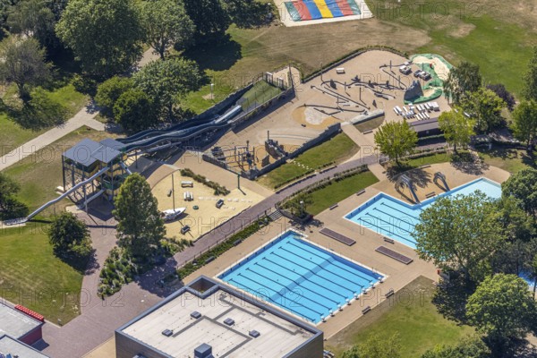 Aerial photo, ENNI Solimare swimming pool, Vinn, Mörs, Ruhr area, North Rhine-Westphalia, Germany, DE, Europe, birds-eyes, view, aerial photography, aerial photography, overview, overview, bird's eye view, leisure, swimming, sports, fitness, water, swimming pool, bathing, recreation