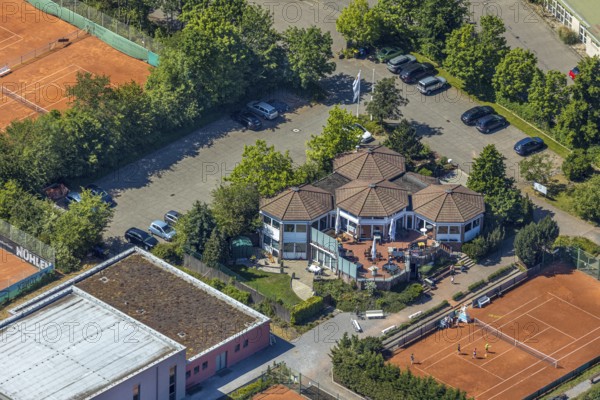 Aerial view, TPM Tennispark Mörs, 8 corners event location restaurant, Vinn, Mörs, Ruhr area, North Rhine-Westphalia, Germany, DE, Europe, birds-eyes, view, aerial photography, aerial photography, overview, overview, bird's eye view, hobby, sport, training, team, championship, clay court, tennis, tennis playing, tennis club, restaurant, pub, eating, drinking, dining, restaurant, pub