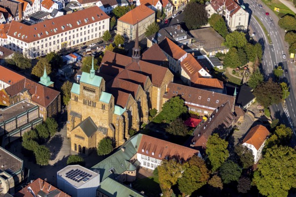 Aerial view, Minden Cathedral, St. Michaelshaus retirement home and nursing home, city centre, Minden, East Westphalia-Lippe, OWL, North Rhine-Westphalia, Germany, retirement home, old people's home, retirement home, place of worship, care and nursing, DE, cathedral, Minden Cathedral, cathedral street, Europe, religious community, place of worship, holy place, church, parish, small cathedral courtyard, denomination, aerial photograph, aerial photography, aerial photography, Minden Cathedral St. Gorgonius and St. Peter, OWL book, OWL book, East Westphalia, care facility, provost church, religion, religious site, retirement home, retirement residence, retirement home, retirement centre, overview, bird's eye view, birds-eyes view, overview