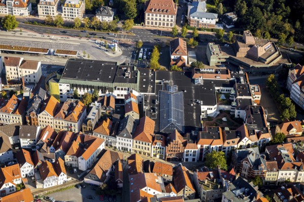 Aerial view, civic hall, ZOB Minden, city centre, Minden, Ostwestfalen-Lippe, OWL, North Rhine-Westphalia, Germany, bus station, DE, Europe, culture, art, Lindenstraße, aerial view, aerial photography, aerial photography, OWL book, OWLBuch, Obermarktpassage, East Westphalia, overview, events, venue, event location, bird's-eye view, birds-eyes view, cultural use, overview