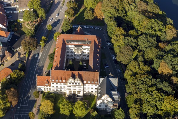 Aerial view, new government building at Weserglacis, city centre, Minden, Ostwestfalen-Lippe, OWL, North Rhine-Westphalia, Germany, authority, DE, Europe, aerial view, aerial photography, aerial photography, OWL book, OWL-Buch, Ostwestfalen, overview, administration, bird's eye view, birds-eyes view, overview