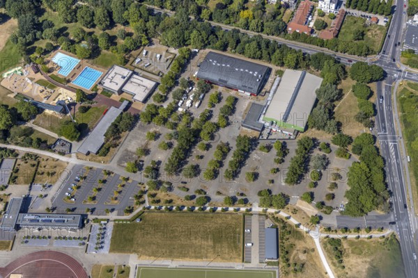 Aerial photo, ENNI Solimare swimming pool, ENNI event hall, Vinn, Mörs, Ruhr area, North Rhine-Westphalia, Germany, DE, Europe, birds-eyes, view, aerial photo, aerial photography, aerial photography, overview, overview, bird's eye view, leisure, swimming, sports, fitness, water, swimming pool, bathing, recreation, event hall, venue, events