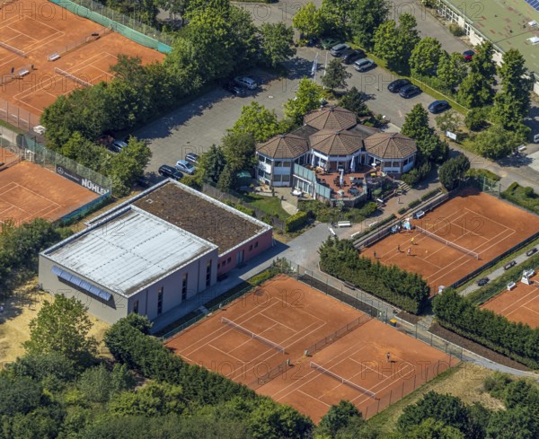 Aerial view, TPM Tennispark Mörs, 8 corners event location restaurant, Vinn, Mörs, Ruhr area, North Rhine-Westphalia, Germany, DE, Europe, birds-eyes, view, aerial photography, aerial photography, overview, overview, bird's eye view, hobby, sport, training, team, championship, clay court, tennis, tennis playing, tennis club, restaurant, pub, eating, drinking, dining, restaurant, pub