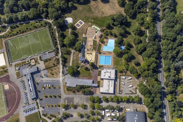 Aerial photo, ENNI Solimare swimming pool, Vinn, Mörs, Ruhr area, North Rhine-Westphalia, Germany, DE, Europe, birds-eyes, view, aerial photography, aerial photography, overview, overview, bird's eye view, leisure, swimming, sports, fitness, water, swimming pool, bathing, recreation