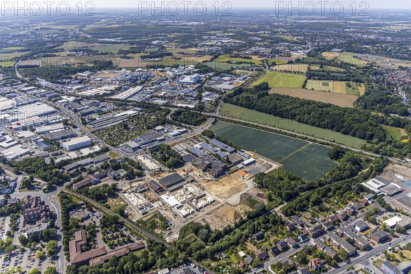 Aerial photo, Berufskolleg für Technik Mörs, construction site of new school building, vocational college campus, joint campus of the vocational college for technology, the Hermann-Gmeiner vocational college, the Mercator vocational college and the specialised seminar for geriatric care, Mörs, Ruhr area, North Rhine-Westphalia, Germany, DE, Europe, birds-eyes, view, aerial photograph, aerial photography, aerial photography, overview, overview, bird's eye view, vocational school, training, profession, apprenticeship, technical college