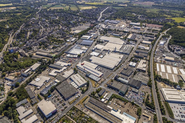 Aerial view, commercial area Moers-Hülsdonk, industrial area, Repelener Straße, Rheurdter Straße, Mörs, Ruhr area, North Rhine-Westphalia, Germany, DE, Europe, birds-eyes, view, aerial photograph, aerial photography, aerial photography, overview, overview, bird's eye view, industry, manufacturing, production, trade, economy, commercial enterprise, trade