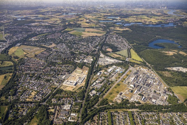 Aerial view, Rheinpreussen slagheap, forest lake, overview Utfort, Rheinberger Straße, Mörs, Ruhr area, North Rhine-Westphalia, Germany, DE, Europe, birds-eyes, view, aerial photography, aerial photography, aerial photography, overview, bird's eye view, mining, overburden, coal, colliery