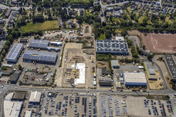 Aerial view, construction site ENNI factory and administration building, former carpenter's workshop Cleve, recycling centre, building with solar roofs, Mörs, Ruhr area, North Rhine-Westphalia, Germany, DE, Europe, birds-eyes, view, aerial photograph, aerial photography, aerial photography, overview, bird's eye view, administration building