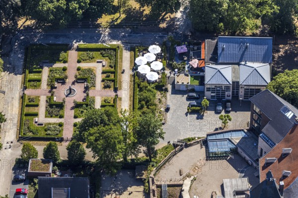 Aerial view, rose garden at Mörs Castle, Casa Leonardo, Mörs, Ruhr area, North Rhine-Westphalia, Germany, DE, Europe, birds-eyes, view, aerial photography, aerial photography, overview, bird's eye view, garden, green area, trees, plants, flowers, nature, restaurant, pub, eating, drinking, dining, restaurant, pub